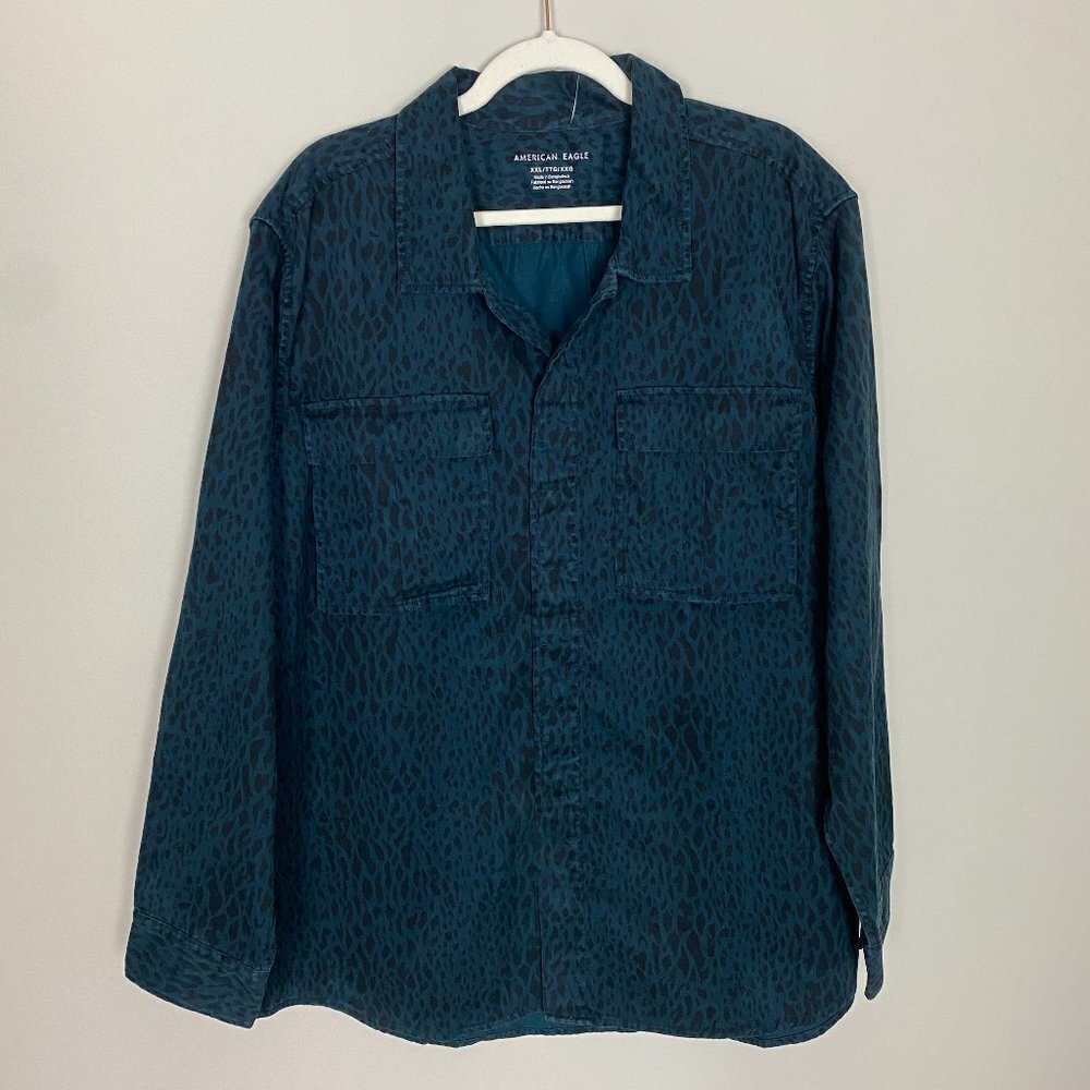 American Eagle Outfitters Blue Button Down Cheetah Animal Lightweight Jacket 2XL